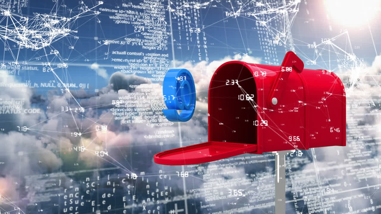 caja de correos con signo at rodeado de conexiones de datos y códigos binarios