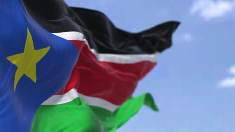 detail of the national flag of south sudan waving in the wind on a clear day