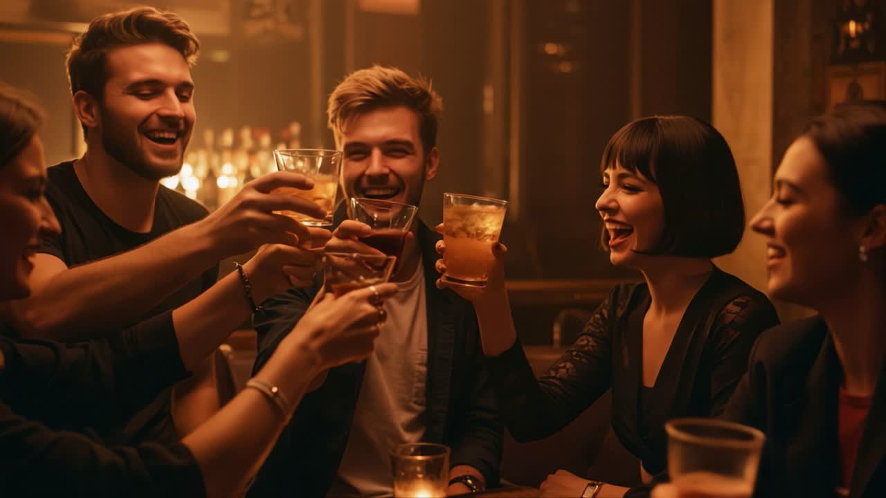 A Group of Friends Celebrating Together in a Cozy Lounge, Raising Their Glasses in a Toast with Laughter and Joyful Expressions Amidst a Warm Atmosphere