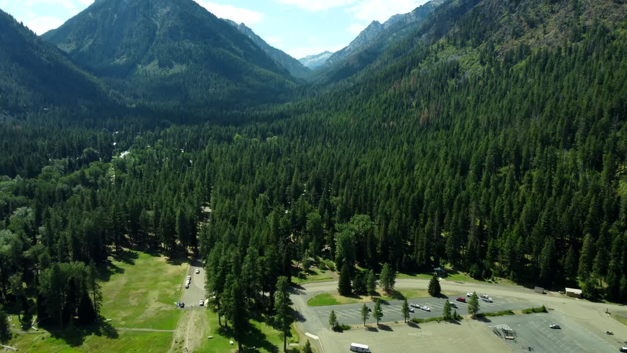 US, Oregon, Wallowa, 2025-08-18 - Drone view of the Wallowa Lake at the base of the Wallowa Mountains in Summer. The swim area is on the left and the marina on the right