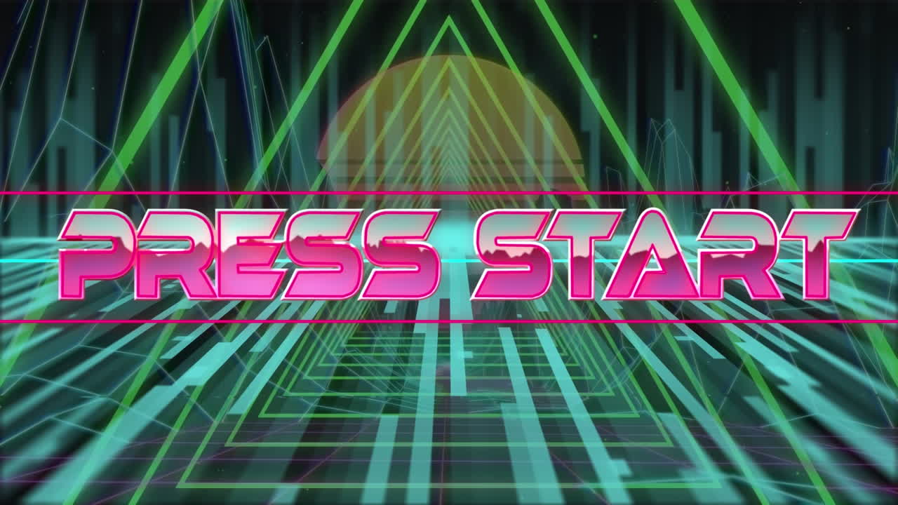 animación del texto de inicio de la prensa sobre triángulos brillantes verdes.