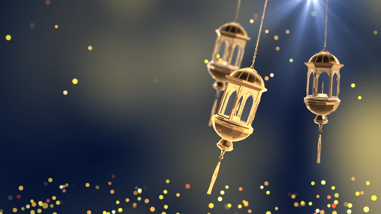 Biglietto d'auguri Ramadan con fiamma che brucia e lanterne ornamentali, sfondi in loop, celebrazione festiva