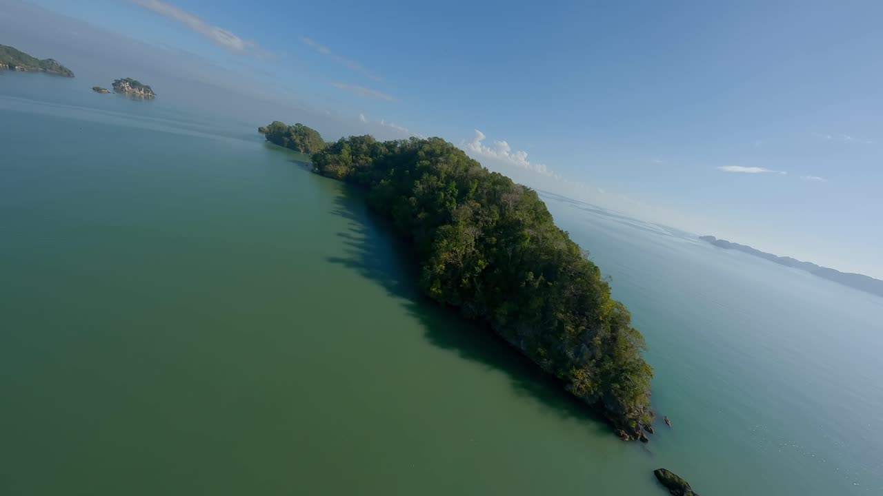 무인 항공기가 도미니카 공화국 로스 하이티스 국립 공원의 해안을 따라 맹그로브 위로 날아갑니다.