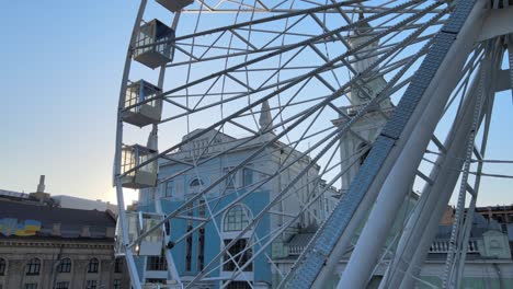 ferris wheel in the morning at sunrise in kyiv, ukraine. aerial view