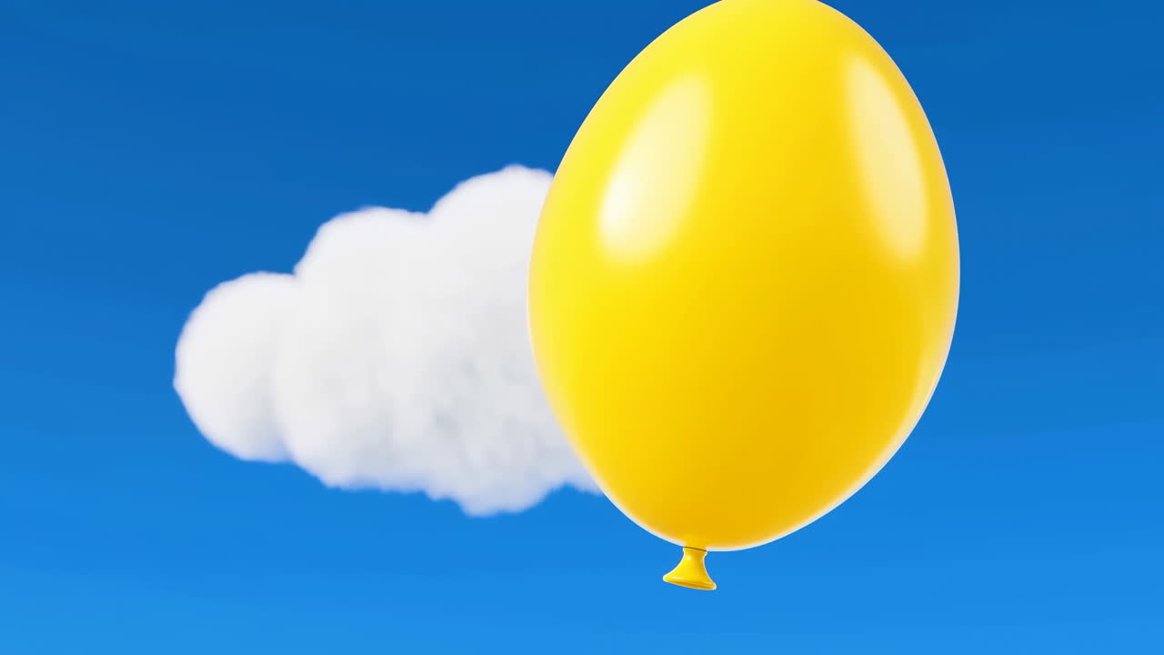 Palloncino giallo galleggia oltre nuvola soffice contro cielo blu vivido, superficie lucida che cattura i riflessi, delicato