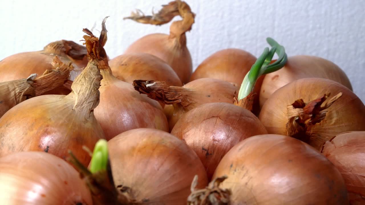 Pile of many raw yellow onions bulb rotates slowly on a turntable. Selective focus.