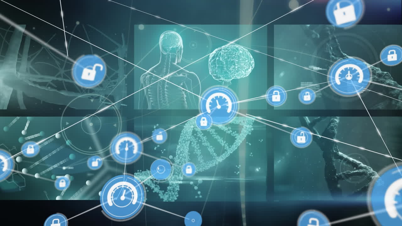 Animation of connected icons over human body, brain, dna helixes and neurons on screens