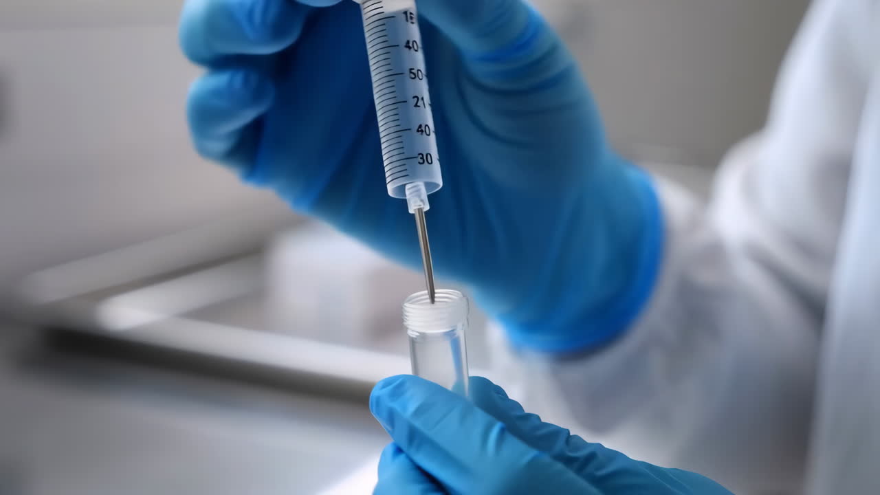Close-up of a scientist or healthcare worker handling a syringe and vial in a lab
