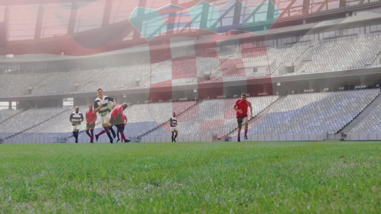 Running on field, rugby players with animation of geometric shapes in stadium