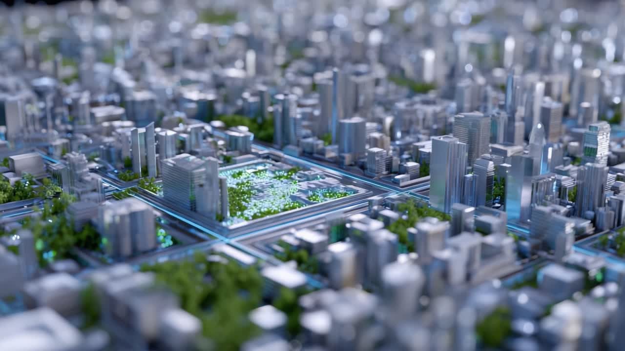 A Stunning Overview of a Futuristic Cityscape Model Showcasing Skyscrapers, Parks, and Integrated Green Spaces for Sustainable Urban Development