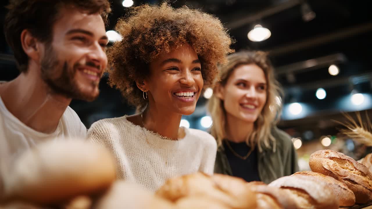 A Close-Up of Joyful Friends Sampling Fresh Bakery Goods in a Cozy Atmosphere Filled with Delicious Breads and Pastries, Capturing Their Laughter and Connection in a Vibrant Setting