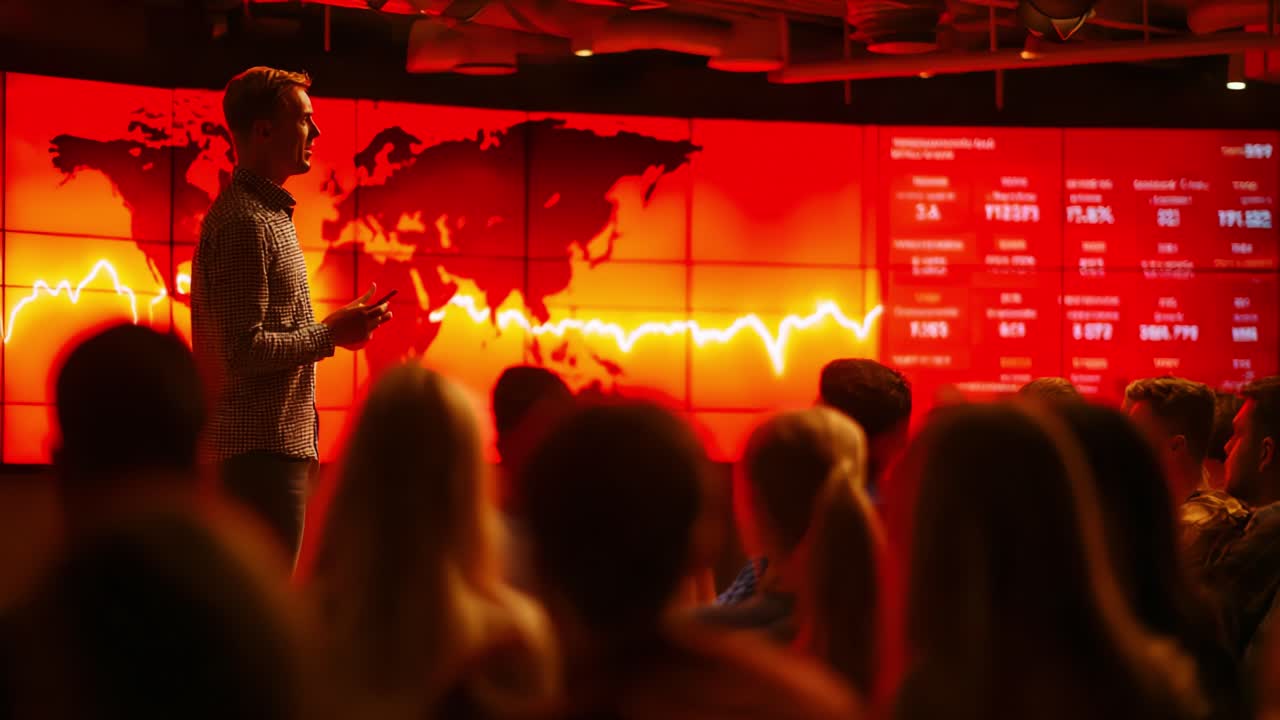 Engaging Presentation on Global Trends: A Speaker Addresses an Audience Against a Vibrant Red Backdrop Featuring Data Insights and Geographic Visuals