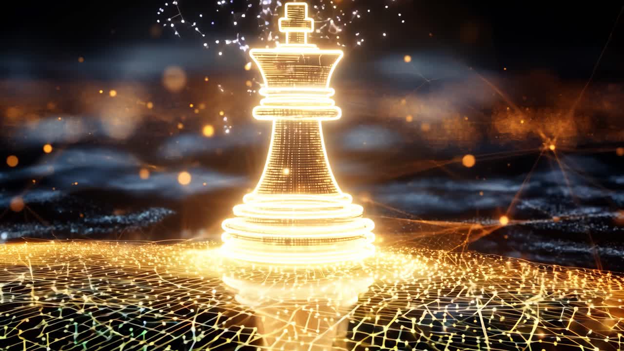 A chess piece is on a black background with a lot of glowing lines. Concept of mystery and intrigue, as the chess piece seems to be the only object in the scene