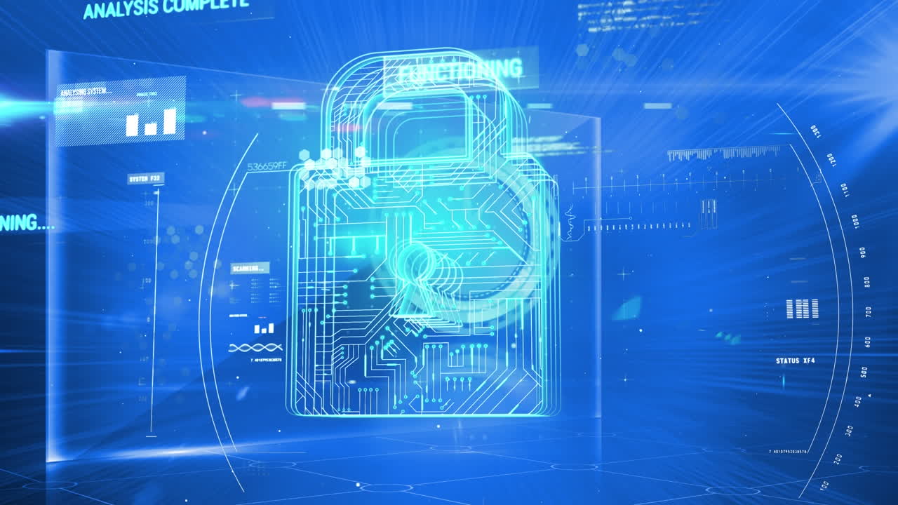 Animation of padlock with computer circuit board and data processing over blue background