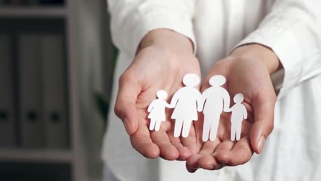 women's palm hands hold paper people family with children, people protection insurance