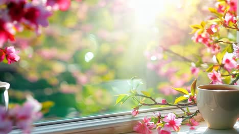 a cup of coffee sitting on a window sill next to a branch of flowers