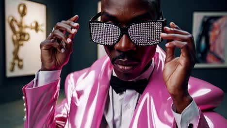 sophisticated male standing confidently in pink suit and bow tie, carefully adjusting diamond studded sunglasses while positioned inside contemporary art gallery space