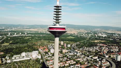 flying around the television tower od frankfurt am main, germany