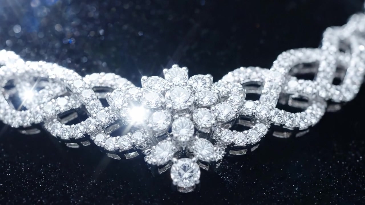 Un affascinante primo piano di una squisita collana di diamanti che mostra un design intricato e uno scintillio brillante su uno sfondo scuro.