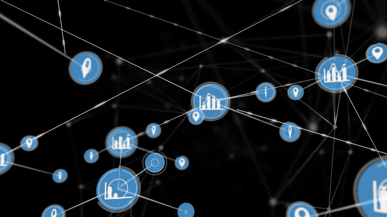 Animation of network of location and data icons transferring data on black background
