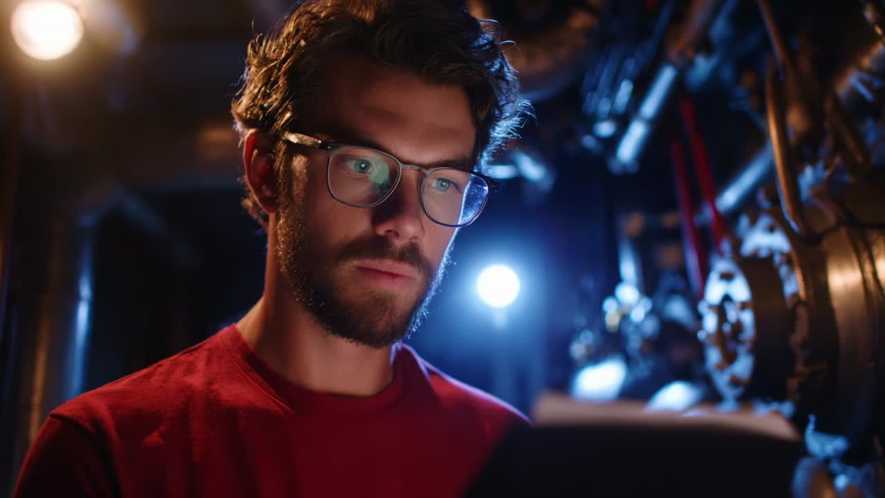 A focused young man wearing glasses intently studies a document illuminated by ambient blue lighting, showcasing concentration and engagement with the task while surrounded by industrial machinery
