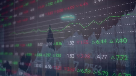 animation of battery icon in circle over multiple graphs and trading board against modern building