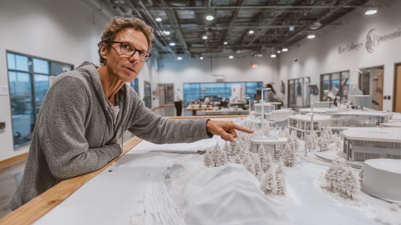 Una designer impegnata esamina un modello architettonico, discutendo concetti innovativi per lo sviluppo futuro in un ambiente di lavoro moderno