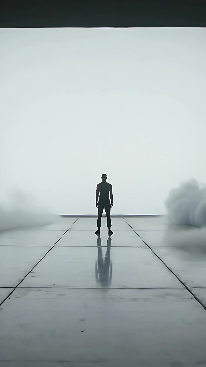 Vertical video: Standing adult man remaining centered on studio floor, casting reflection with fog