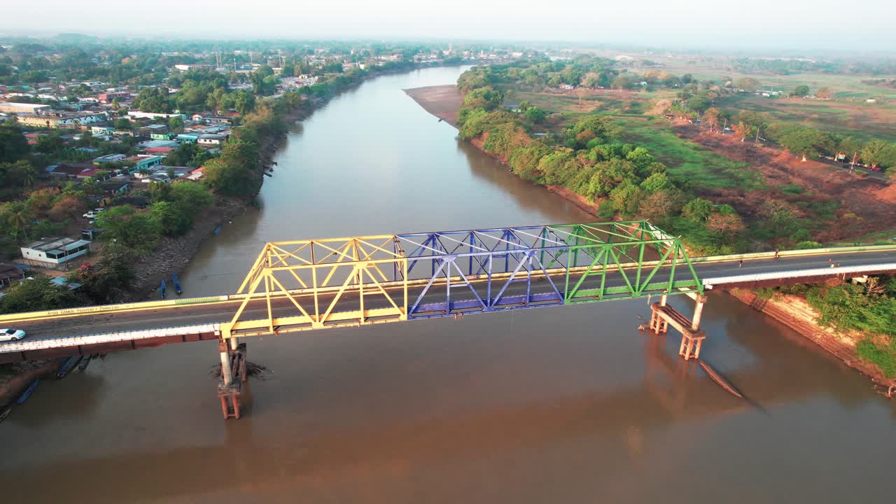 Aerial traveling of Puente Lauro Carrillo bridge crossing Rio Arauca in Elorza, Apure