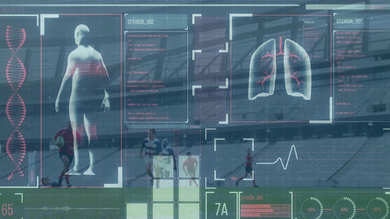 축구 선수에 대한 데이터 처리와 함께 디지털 인터페이스의 애니메이션