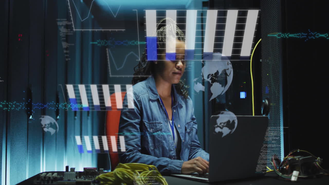 Working on laptop, woman analyzing digital data and animation in school environment