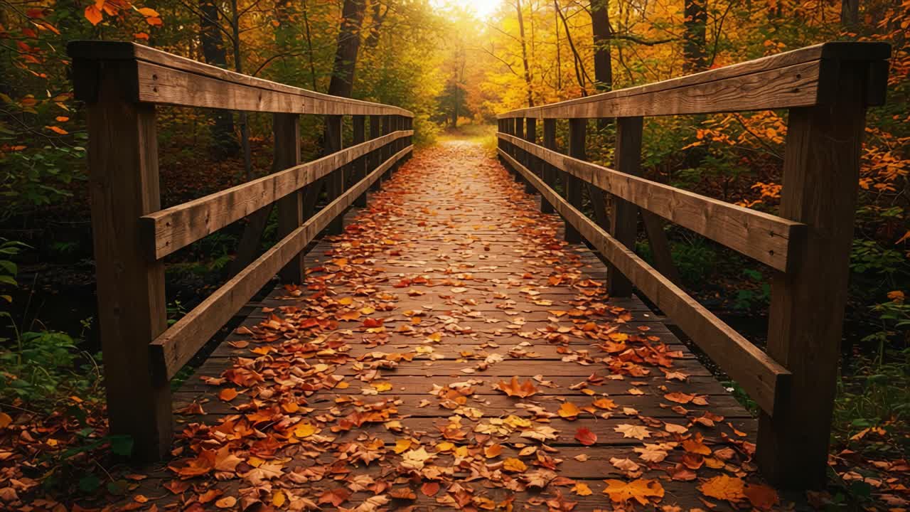 Serene Autumn Pathway: A Picturesque Wooden Bridge Covered in Golden Leaves Under a Soft Golden Glow of Sunset Surrounded by Vibrant Trees