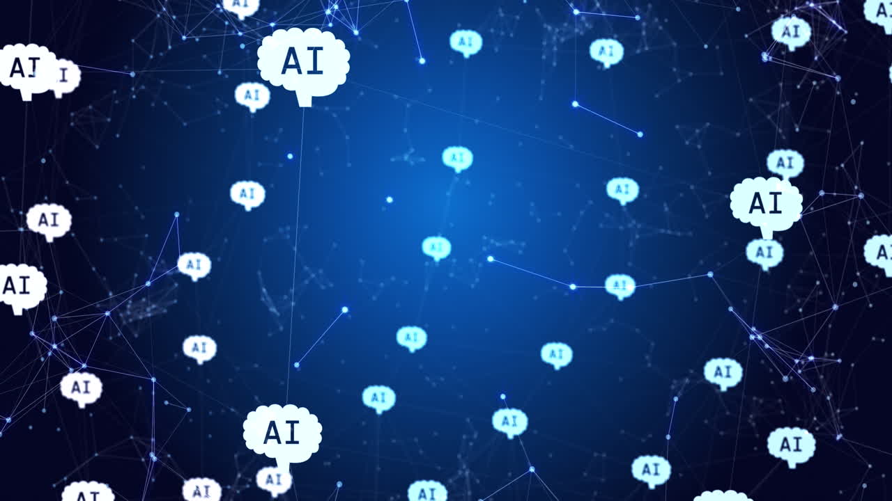 Animation of ai data processing over connections with icons