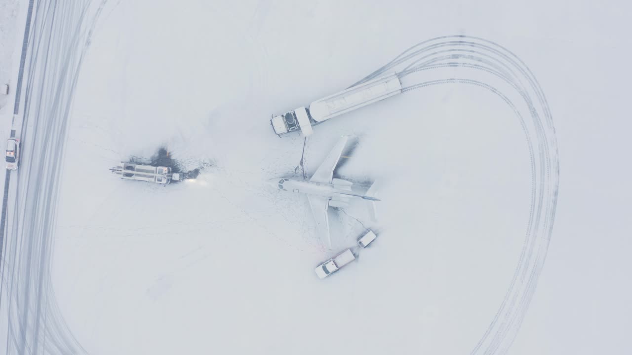 camión de combustible que reabastece un jet de negocios privado durante las condiciones de nieve blanca del invierno, antena