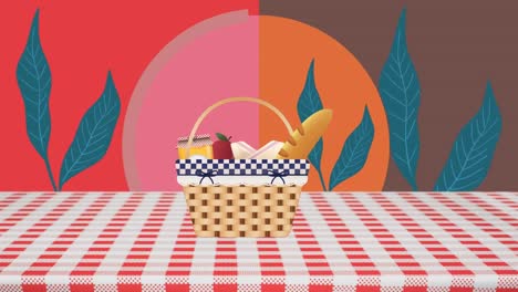 animación de una canasta con comida sobre hojas