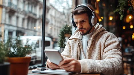 man using tablet with headphones in a cafe