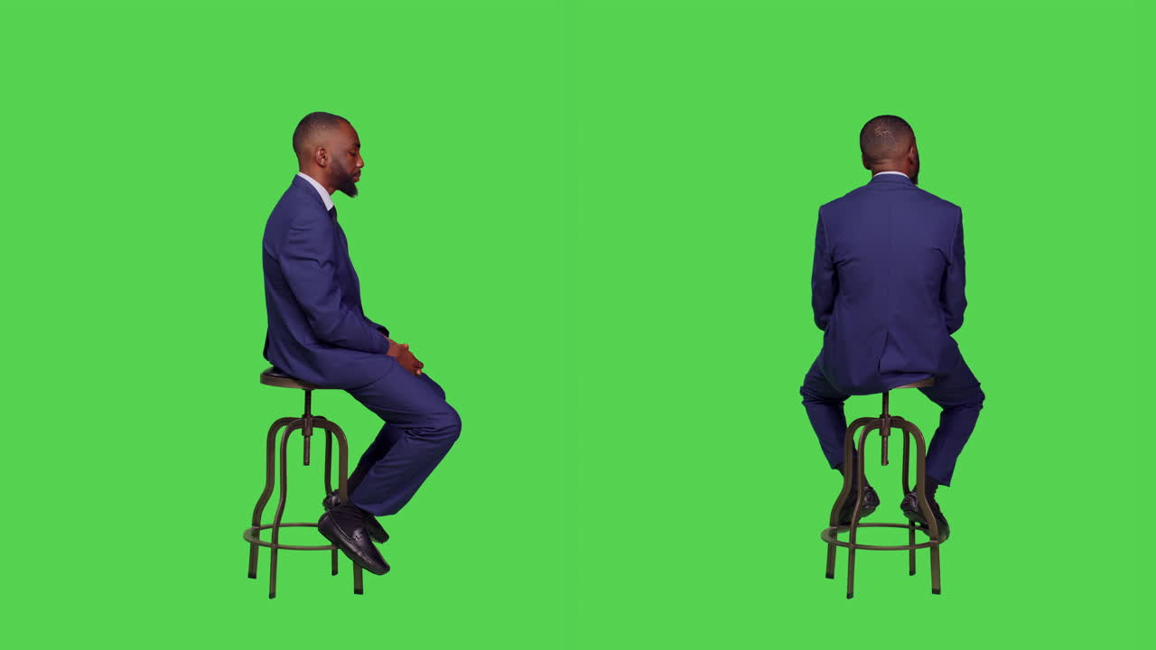Two views of a businessman sitting on a stool against a green background