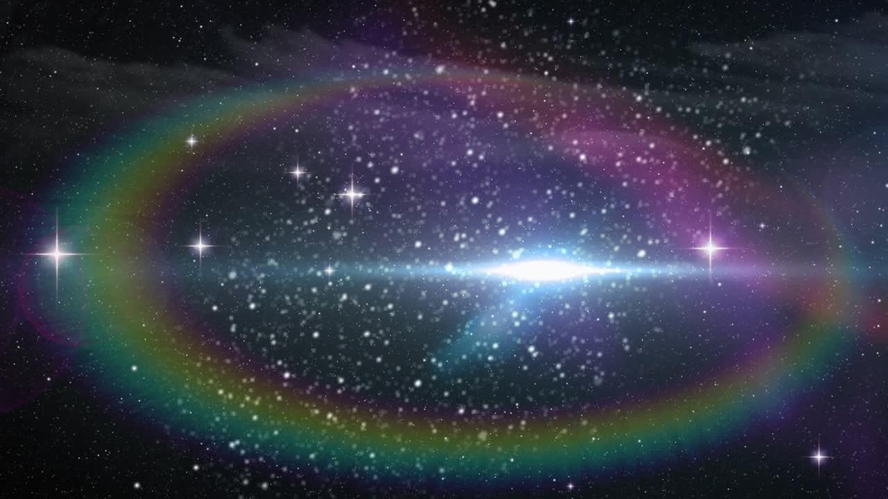 Animazione di punti luce e neve che cade roteando su sfondo nero.