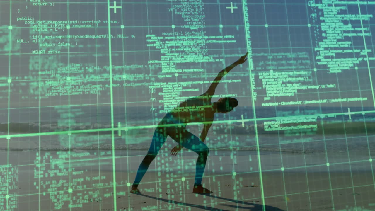 Person practicing yoga on beach with digital code overlay animation