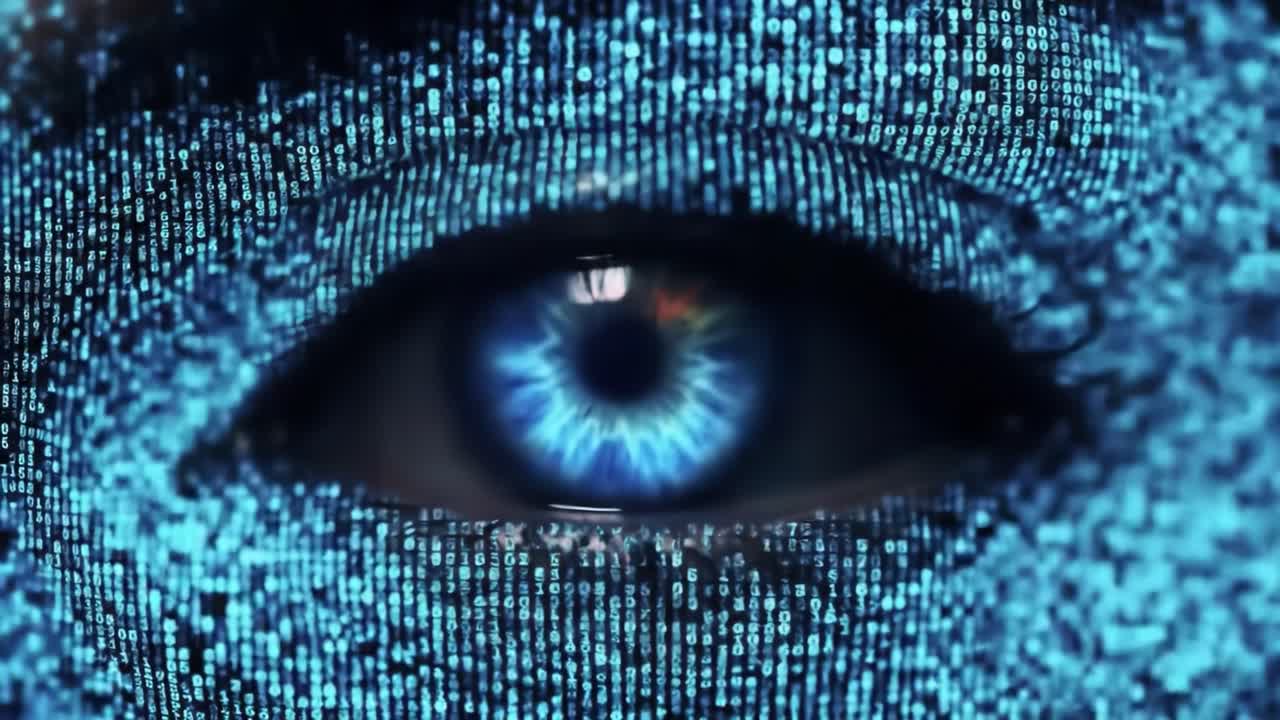 This captivating visual showcases a vibrant blue eye overlaid with a pattern of binary code, representing the fusion of technology and human perception.