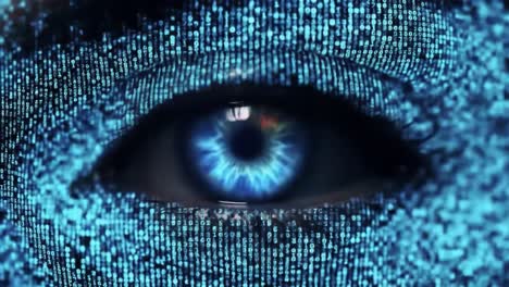 this captivating visual showcases a vibrant blue eye overlaid with a pattern of binary code, representing the fusion of technology and human perception.