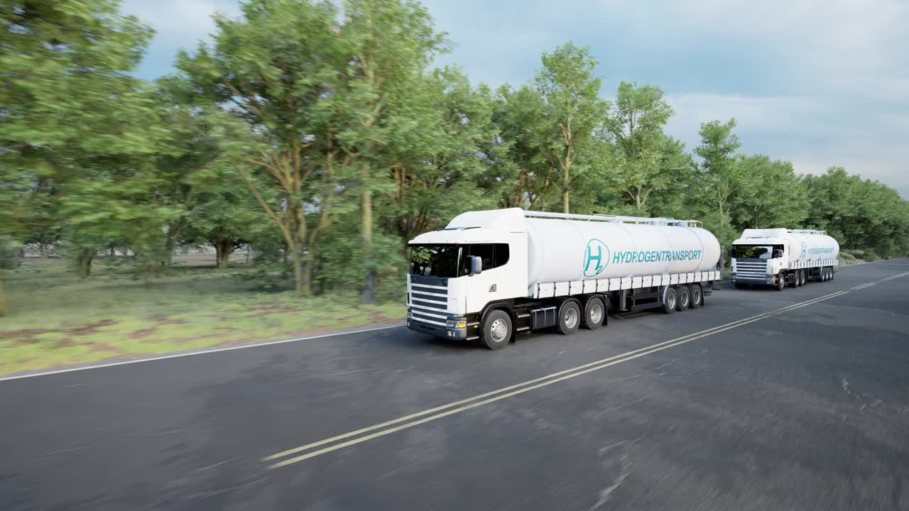 concepto de logística de hidrógeno. camión con remolque de tanque de gas en la carretera alineado