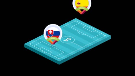 eslovaquia vs españa partido fútbol isométrico campo video animación. fútbol 2020 partido de campeonato contra equipos intro deporte alfa matte fondo, competencia animación en alta definición