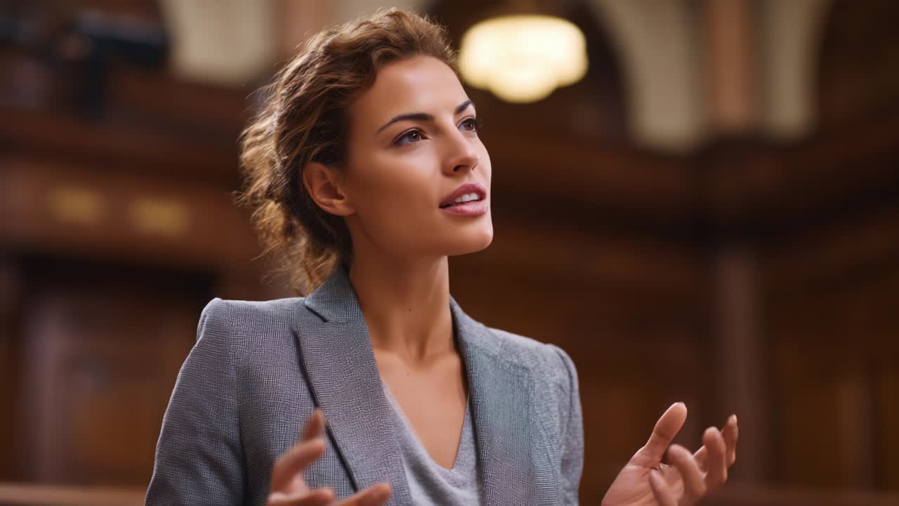 Una donna sicura di sé esprime con passione i suoi pensieri in un'elegante aula di tribunale, mostrando determinazione ed eloquenza mentre interagisce con il suo pubblico attraverso un linguaggio del corpo e un'espressione efficaci.