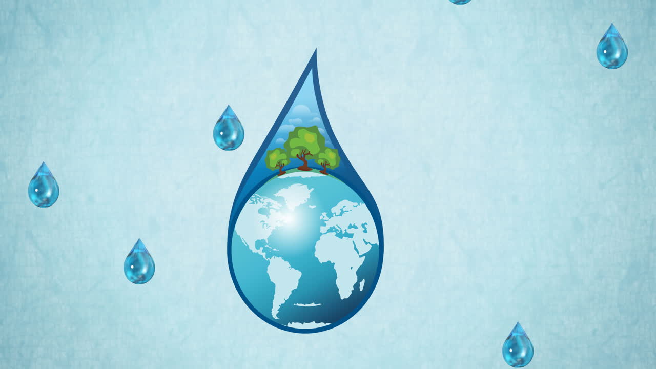 Animation eines Wassertropfens mit Globus und Bäumen darin, dazu fallende Tropfen auf blauem Hintergrund.