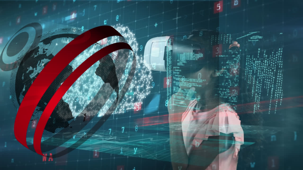 animación de procesamiento de datos y globo sobre escolar que usa auriculares vr