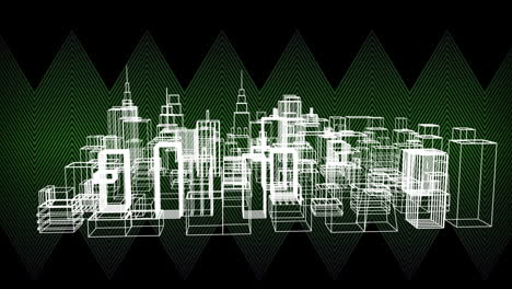 animation of 3d plan of city buildings rotating, over thin green parallel zigzag lines on black