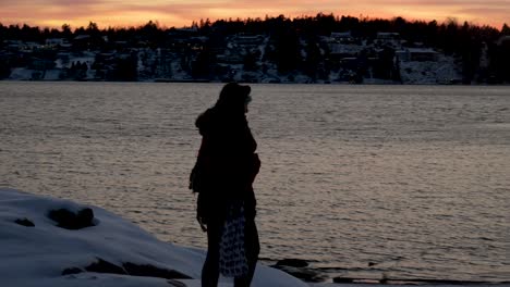 Silhouette-Einer-Frau,-Die-Am-Wasser-Spazieren-Geht,-Ein-See-Im-Winter-Mit-Schnee