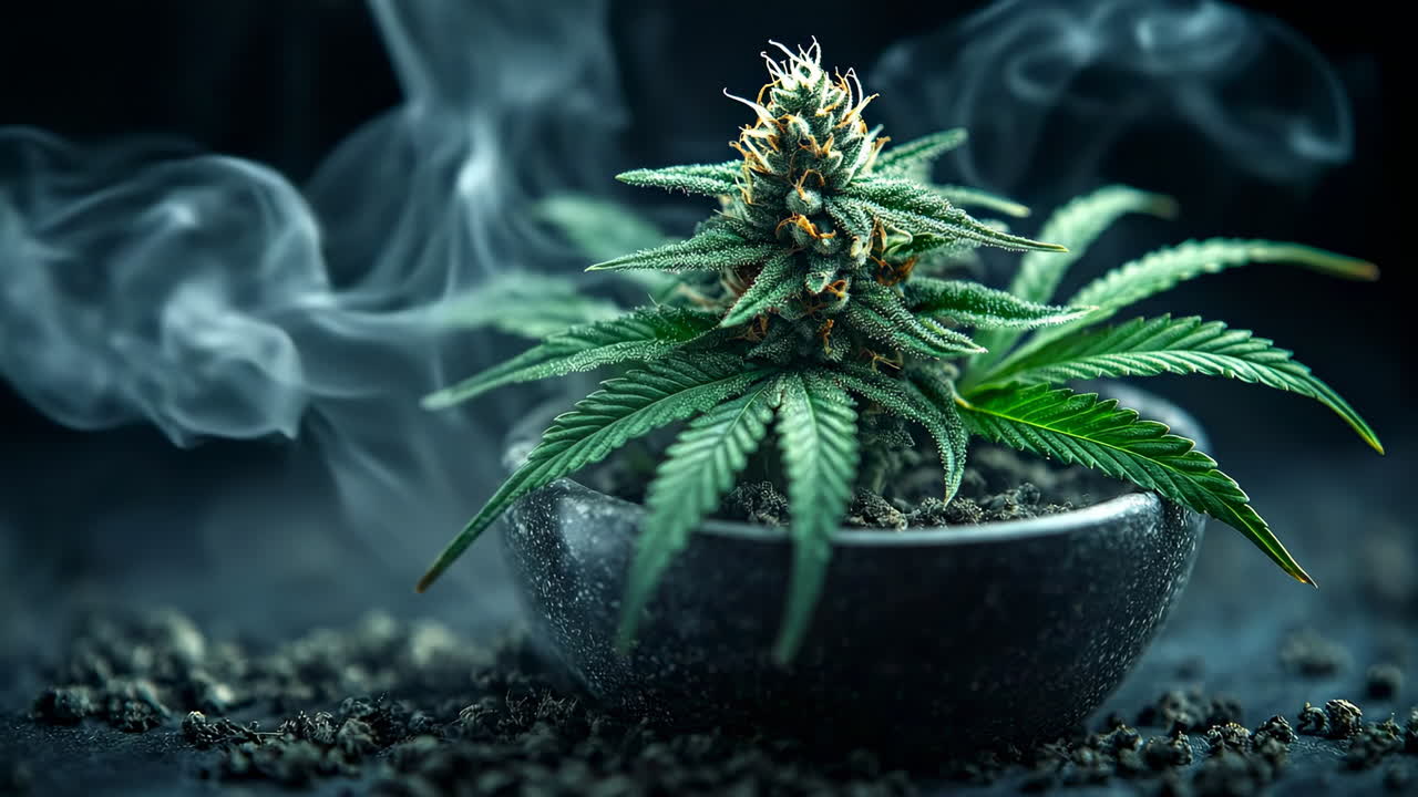 Growing cannabis plant in indoor setting. A vibrant cannabis plant with thick leaves and buds thrives in a dark indoor space, surrounded by wisps of smoke