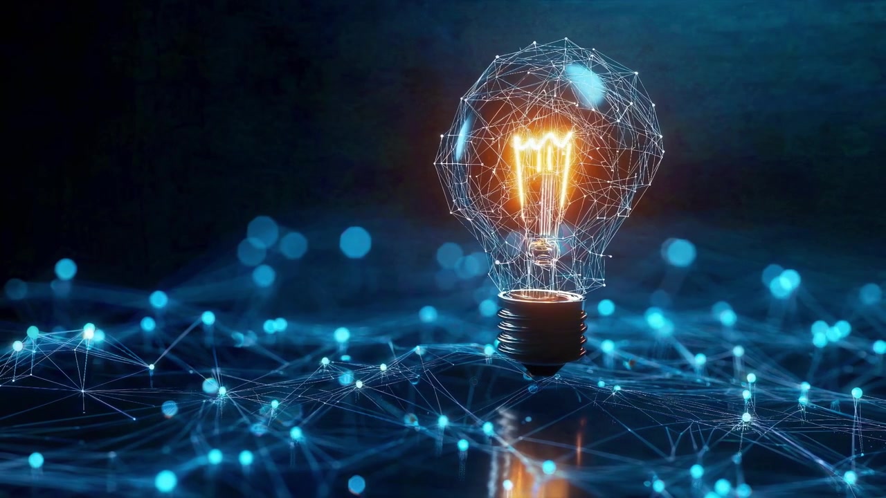 Leuchtende Glühbirne mit digitalem Netzwerk, das Ideen und Innovation darstellt